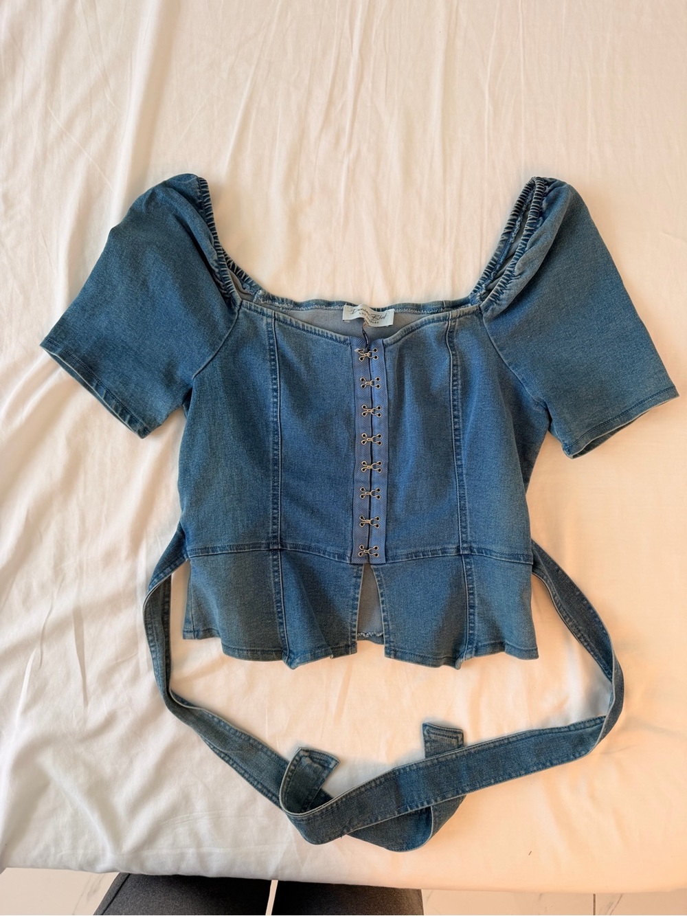 Denim Corset-Style Square Neck Top in Medium Blue